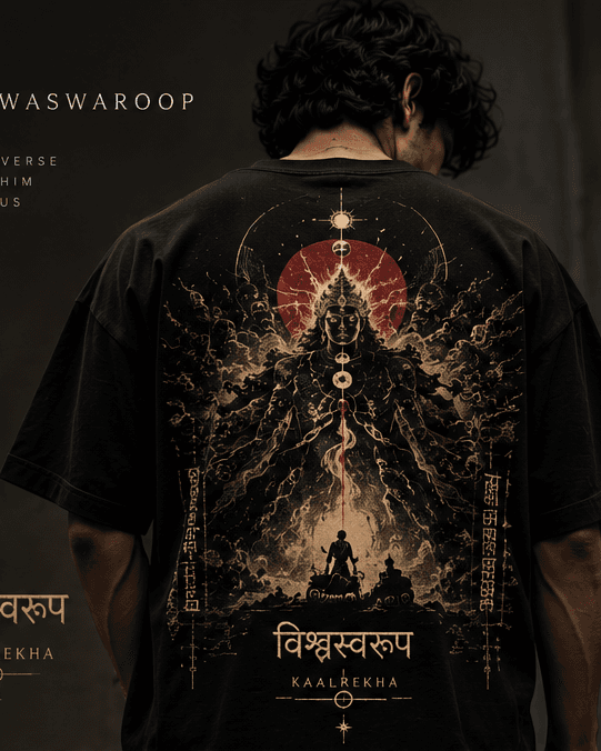 Black oversized KALREKHA Vishwaroop tee with serene Krishna cosmic-form artwork on the back