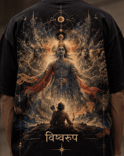 Back of the Vishwaroop tee: a serene Krishna face with closed eyes and a subtle cosmic halo